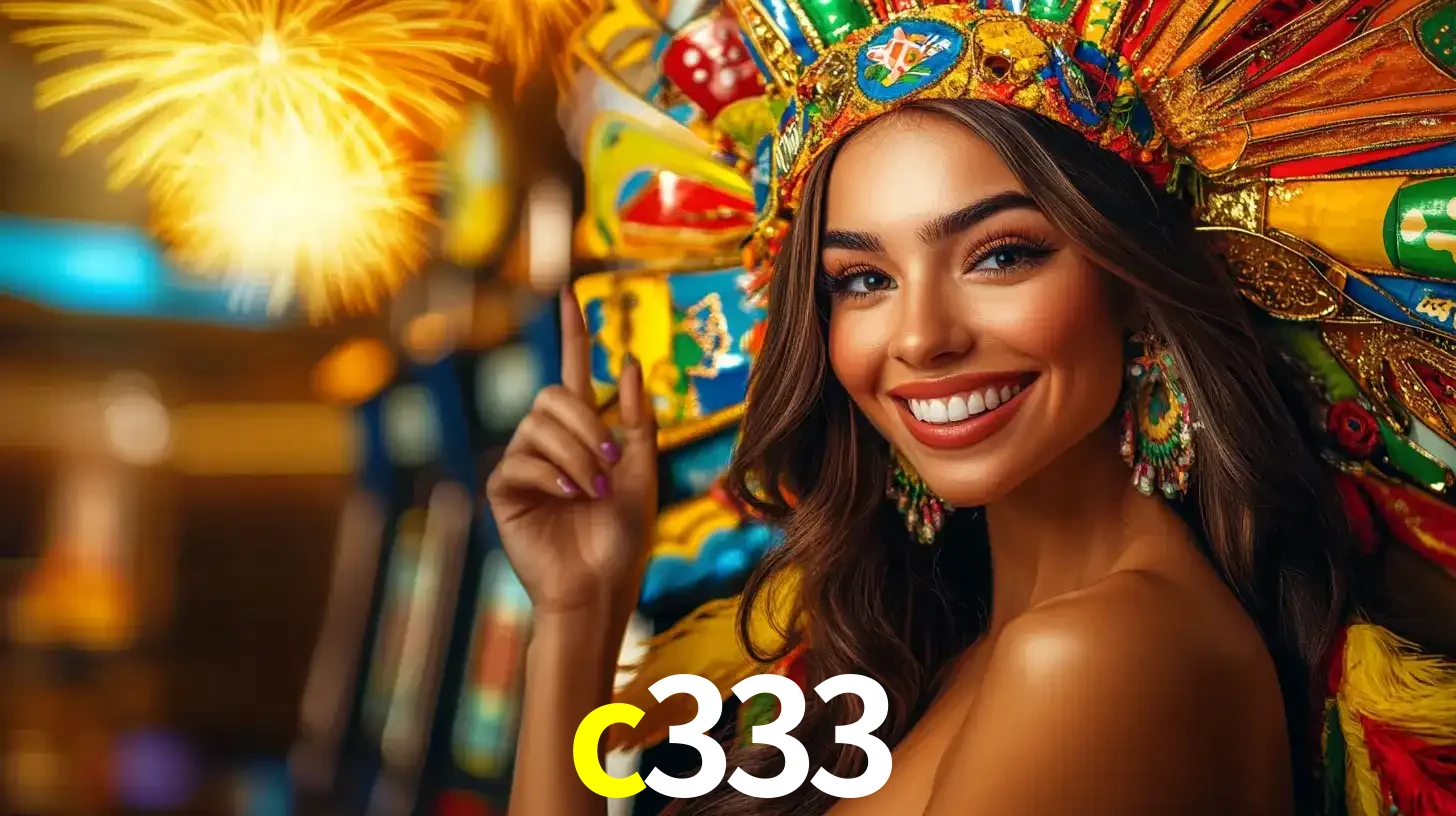 Mulher sorridente com um cocar de carnaval vibrante e colorido, celebrando uma grande vitória nos jogos do cassino c333 com fogos de artifício ao fundo.