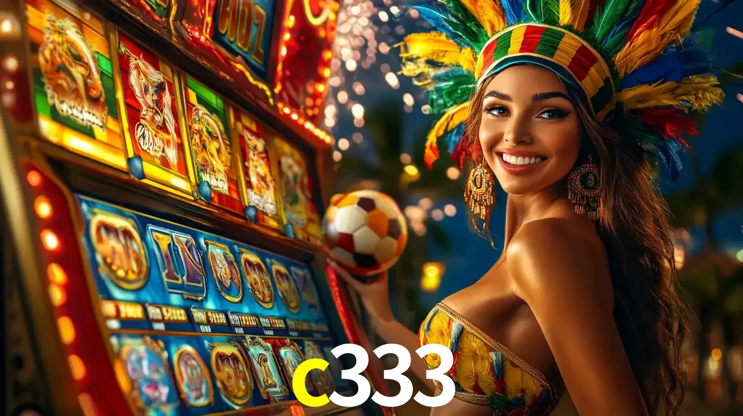 Mulher com um cocar de carnaval ao lado de uma máquina de caça-níqueis enquanto segura uma bola de futebol, mostrando a união da diversão de cassino e esportes no c333.