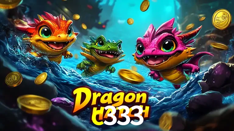 Arte promocional do jogo Dragon Hatch com três adoráveis dragões bebês nadando entre moedas de ouro, um dos slots mais divertidos para jogar no cassino c333.