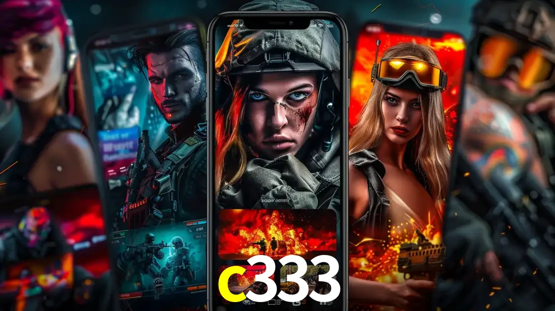 Montagem de telas de celular mostrando diversos personagens, masculinos e femininos, de um jogo de tiro, ilustrando a diversidade de equipes de e-sports para apostar no c333.