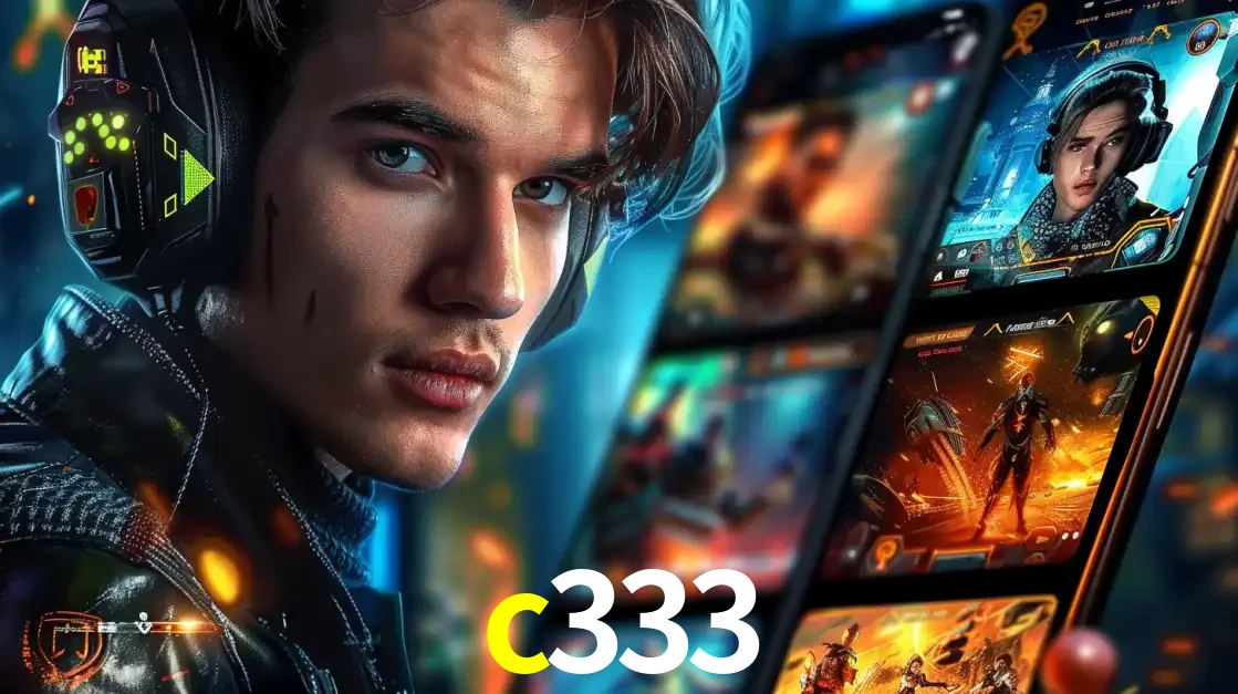 Jovem jogador com fones de ouvido olhando para a câmera, com um aplicativo de jogos e e-sports para celular ao fundo, pronto para a competição e apostas no c333.