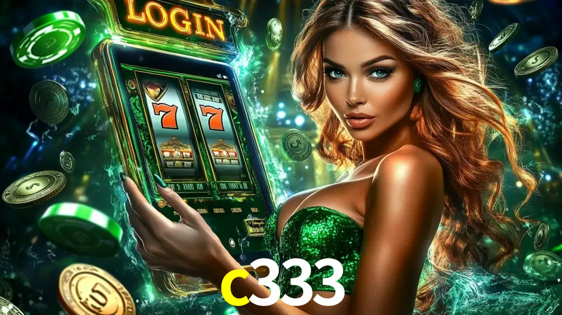 Mulher com tema verde apresentando o aplicativo do cassino c333 com um jogo de slot de 777, cercada por fichas de cassino e uma aura de sorte.