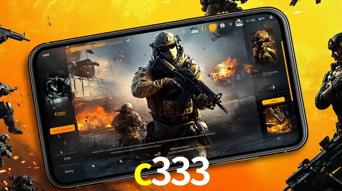 Um smartphone exibindo a interface de um jogo de tiro em primeira pessoa, com um soldado em um cenário de batalha, representando a ação dos e-sports para apostar no c333.