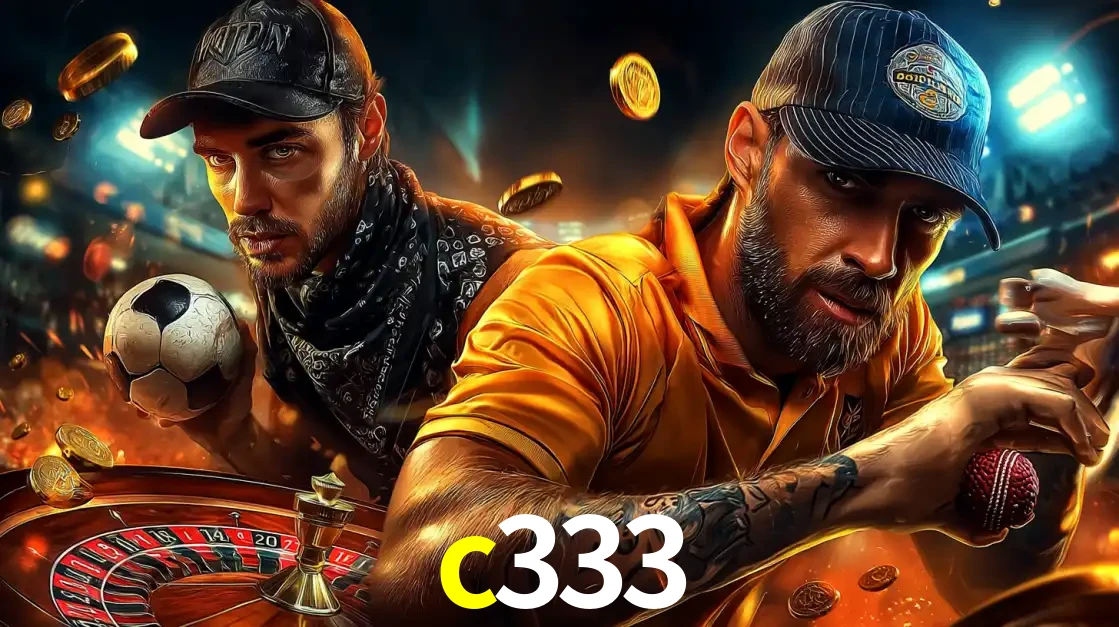 Montagem de apostas esportivas e cassino no c333, com um homem segurando uma bola de futebol e outro uma de beisebol sobre uma roleta e moedas voadoras.