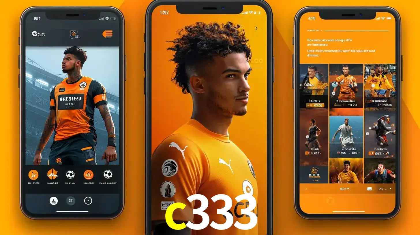 Interface do aplicativo de apostas esportivas c333 em três telas de celular, mostrando o perfil de um jogador de futebol e a lista de jogos disponíveis para apostar.