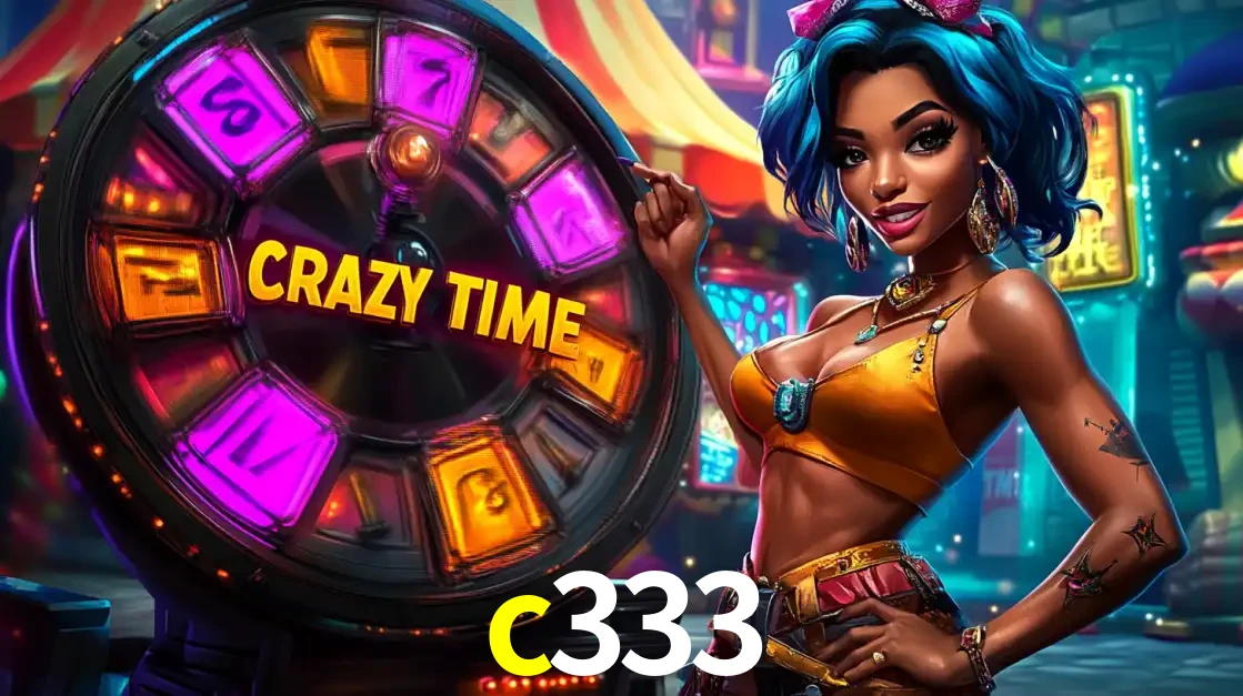 Mulher estilizada com cabelo azul e visual vibrante posando ao lado da roda de prêmios do game show Crazy Time, convidando para a diversão e os bônus do cassino c333.