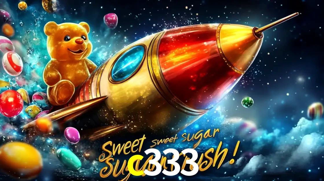 Arte promocional do jogo de slot Sugar Rush, com um urso de pelúcia em um foguete viajando pelo espaço de doces, um dos jogos divertidos disponíveis no cassino c333.