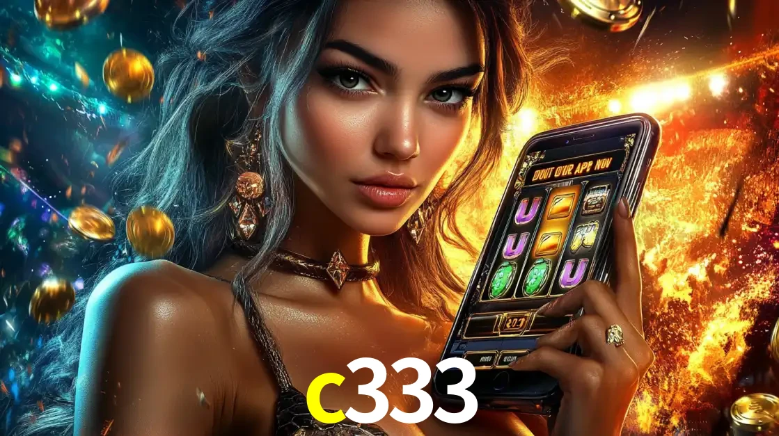 Mulher elegante mostrando um jogo de caça-níqueis em seu smartphone, destacando a experiência de cassino móvel oferecida pelo aplicativo c333.