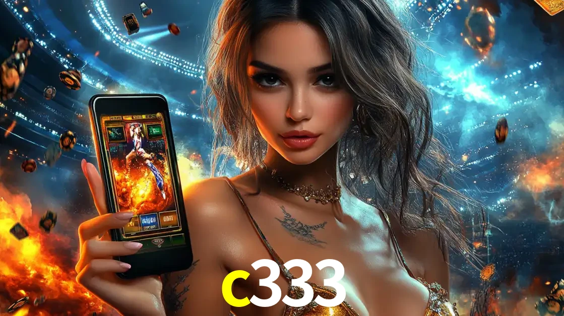 Mulher segurando um celular com um jogo de slot em destaque, tendo como fundo um estádio vibrante, simbolizando a emoção de jogar no cassino móvel c333.