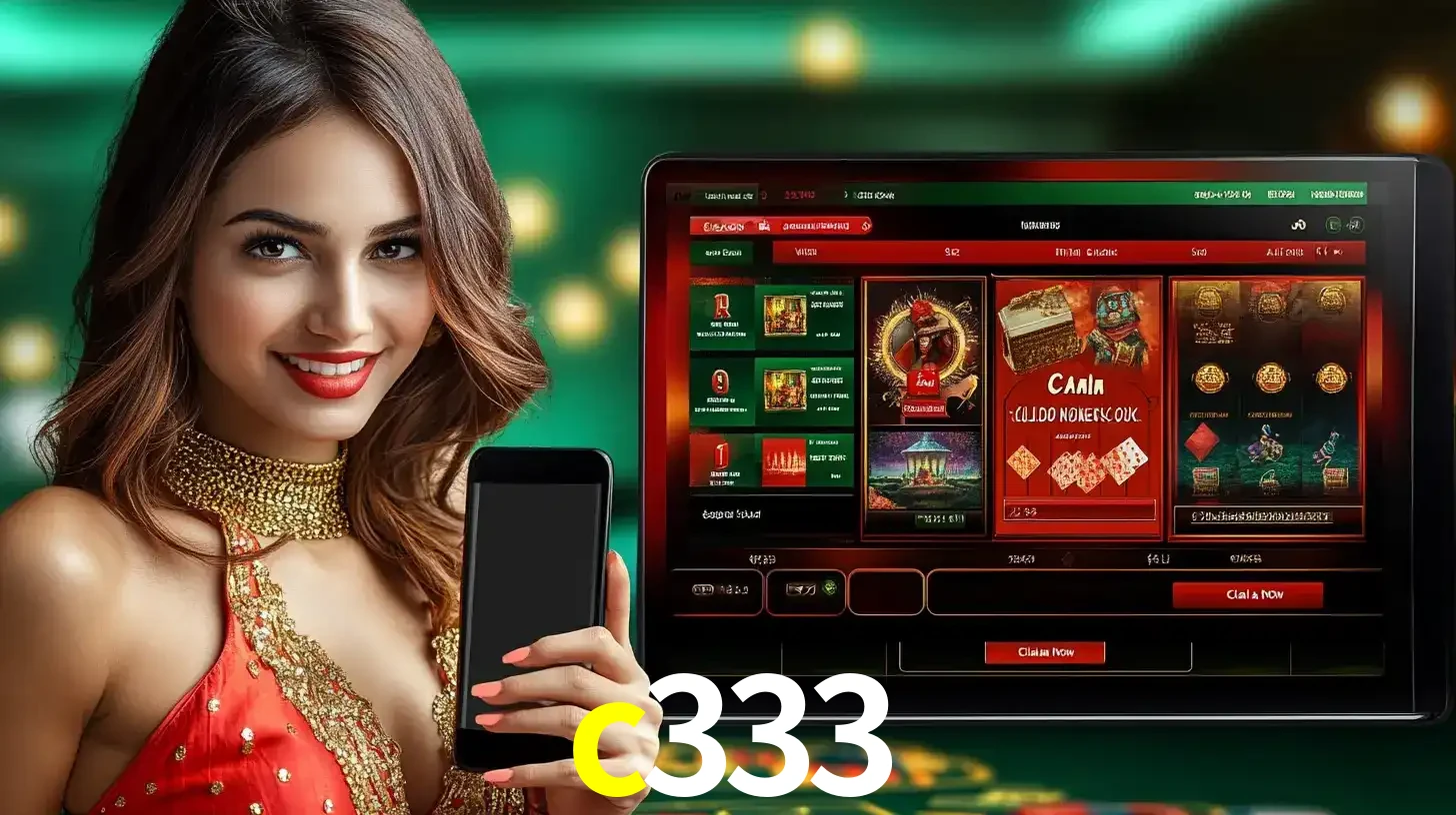 Mulher sorridente segurando um smartphone, ao lado de uma tela exibindo o lobby de jogos do cassino online c333, com várias opções de jogos de cartas e slots.